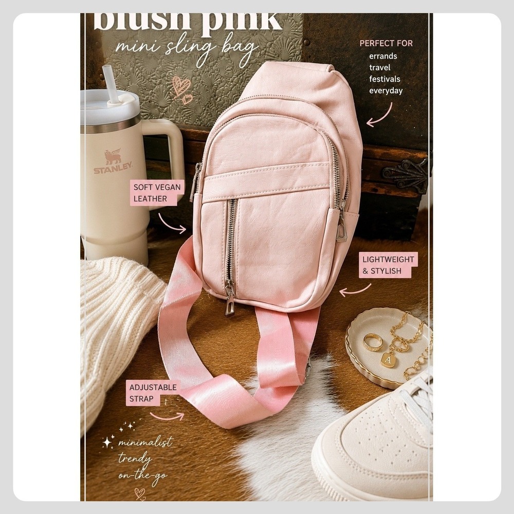 Blush Pink Mini Sling Back Crossbody Bag | Soft Vegan Leather | Silver Hardware